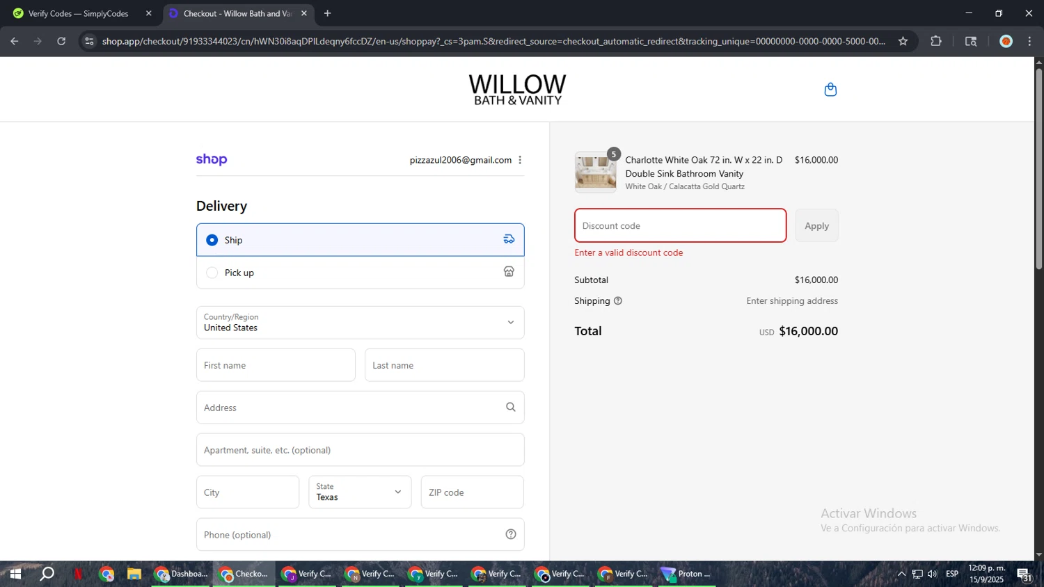 Willow Bath and Vanity coupon code screenshot showing code SALINA10 applied at Willow Bath and Vanity checkout page. Uploaded by SimplyCodes community member BonusCaptain9927 on Sep 15, 2025