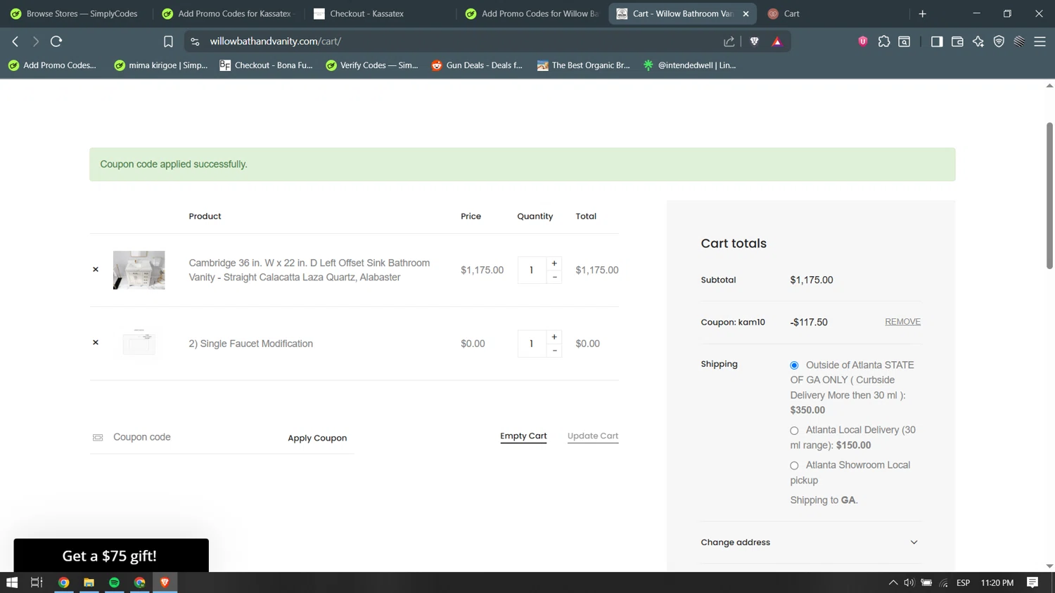 Willow Bath and Vanity coupon code screenshot showing code KAM10 applied at Willow Bath and Vanity checkout page. Uploaded by SimplyCodes community member becomeaware on Aug 18, 2025