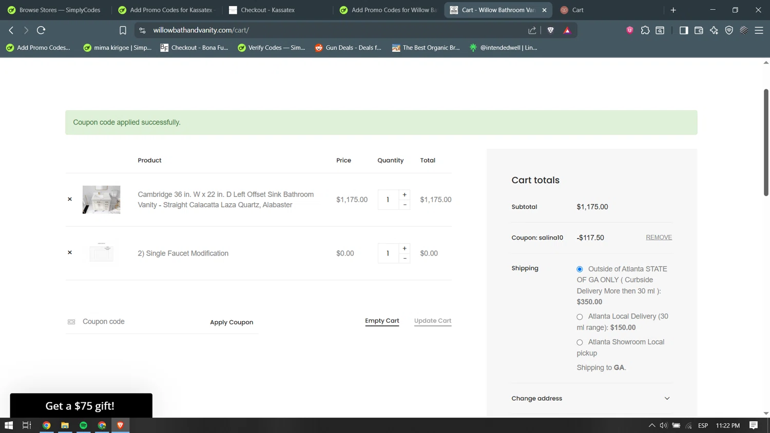 Willow Bath and Vanity coupon code screenshot showing code SALINA10 applied at Willow Bath and Vanity checkout page. Uploaded by SimplyCodes community member becomeaware on Aug 18, 2025