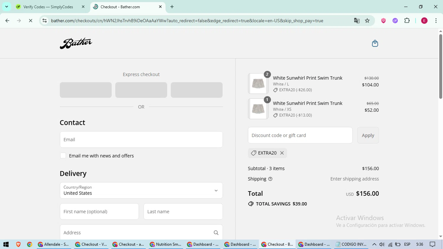 Bather discount code screenshot showing code extra20 applied at Bather checkout page. Uploaded by SimplyCodes community member BrilliantWhiz4434 on Aug 28, 2025