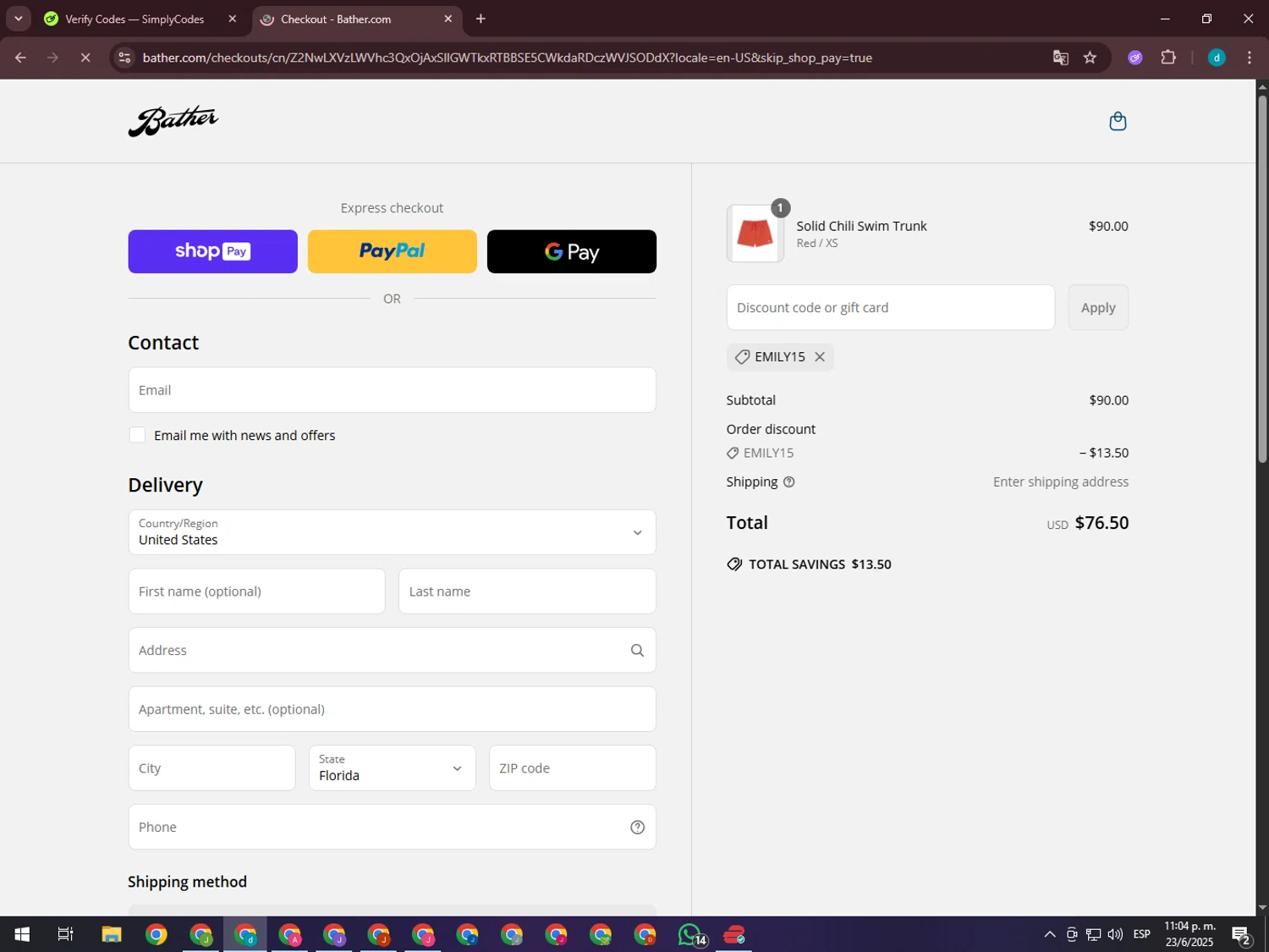 Bather discount code screenshot showing code EMILY15 applied at Bather checkout page. Uploaded by SimplyCodes community member GloriousTiger3507 on Jun 24, 2025