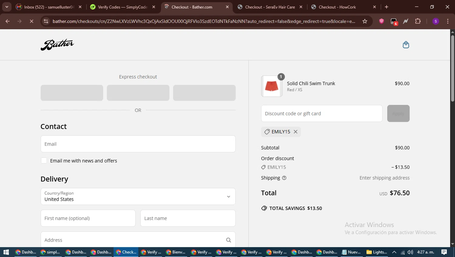 Bather discount code screenshot showing code EMILY15 applied at Bather checkout page. Uploaded by SimplyCodes community member ShieldWarden7838 on Jun 1, 2025