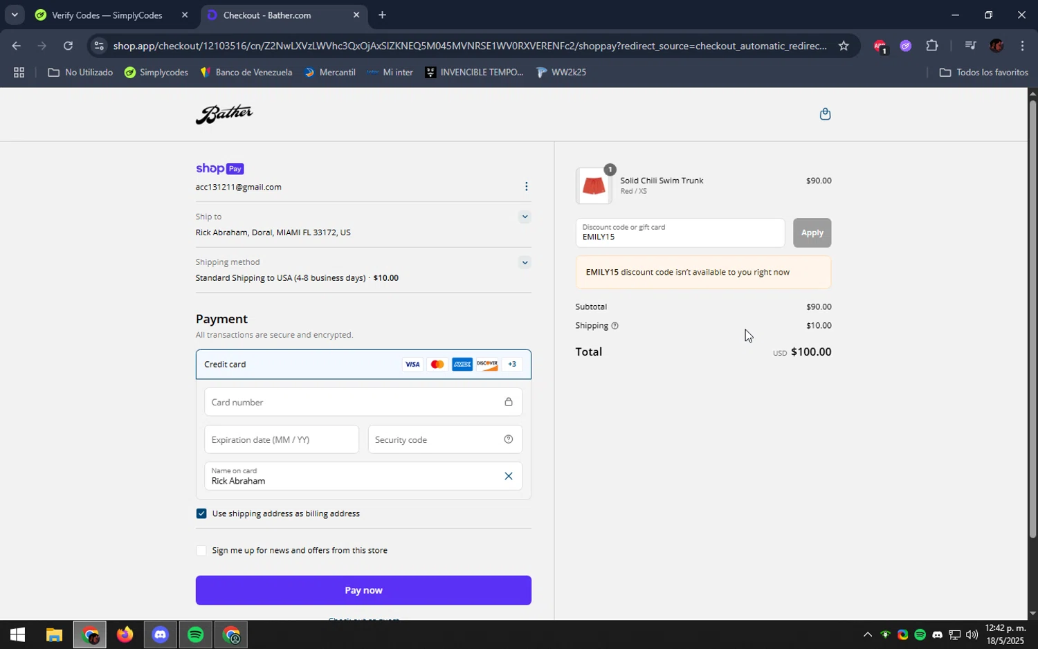 Bather discount code screenshot showing code EMILY15 applied at Bather checkout page. Uploaded by SimplyCodes community member DealEagle493 on May 18, 2025