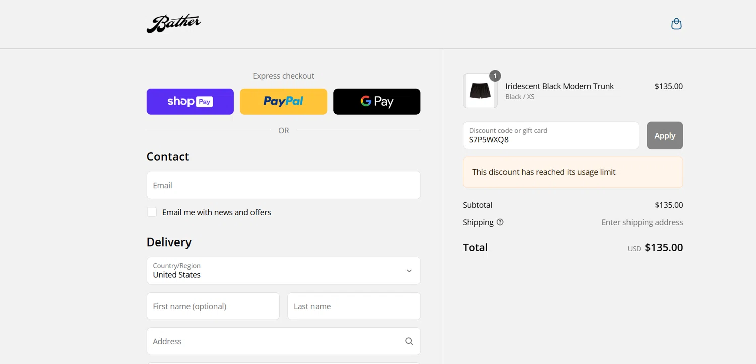 Bather discount code screenshot showing code S7P5WXQ8 applied at Bather checkout page. Uploaded by SimplyCodes community member Emmanuelyayajuu on Aug 15, 2025