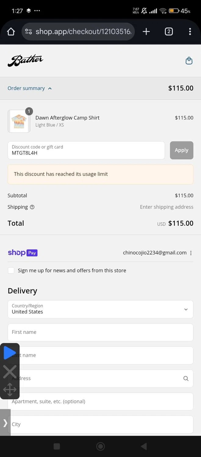 Bather discount code screenshot showing code MTGT8L4H applied at Bather checkout page. Uploaded by SimplyCodes community member Bjhfuhdf on Aug 15, 2025