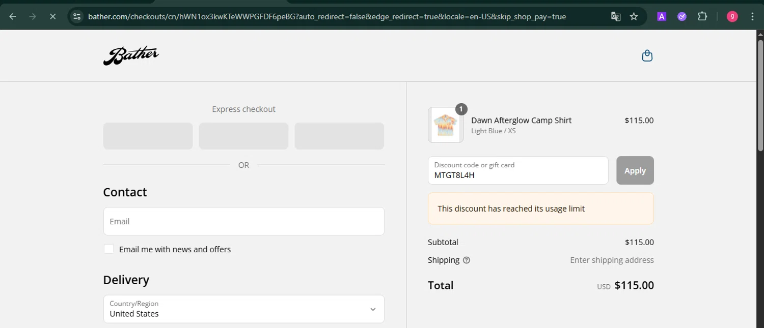 Bather discount code screenshot showing code MTGT8L4H applied at Bather checkout page. Uploaded by SimplyCodes community member MoneyFalcon481 on Aug 15, 2025
