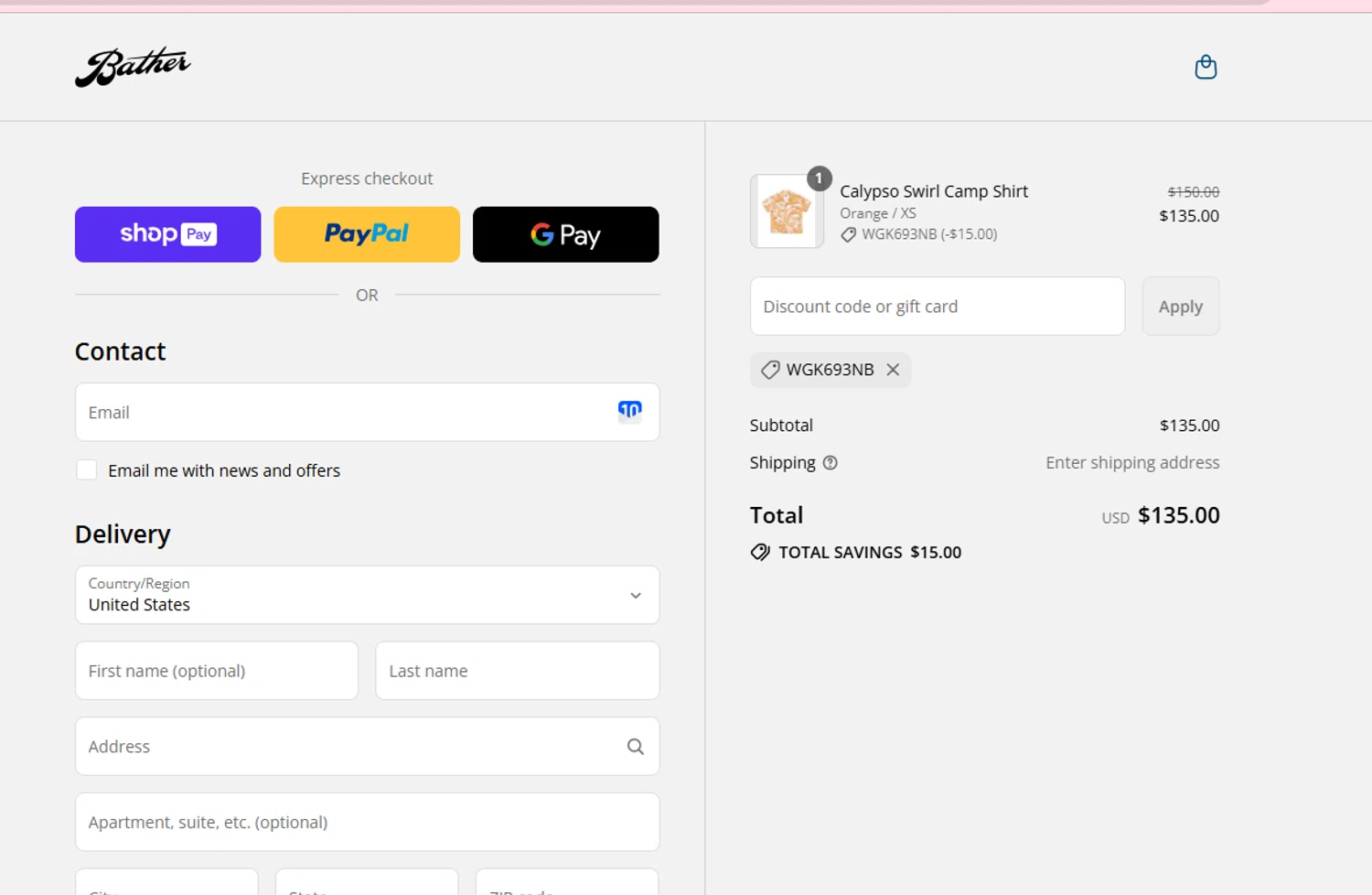 Bather discount code screenshot showing code WGK693NB applied at Bather checkout page. Uploaded by SimplyCodes community member Westcoll on Aug 27, 2025