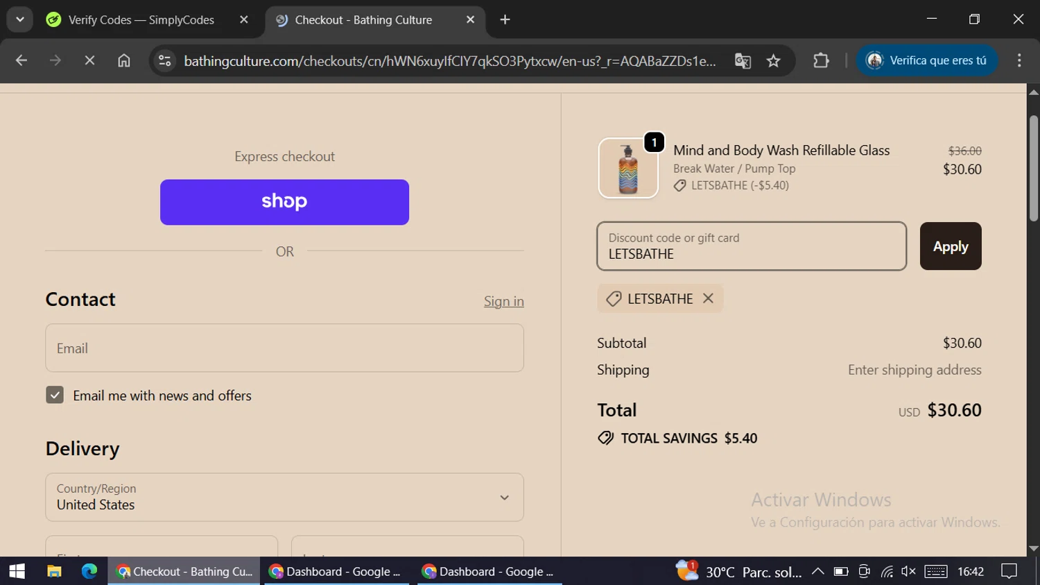 Bathing Culture discount code screenshot showing code LETSBATHE applied at Bathing Culture checkout page. Uploaded by SimplyCodes community member ariannycfh on Dec 28, 2025