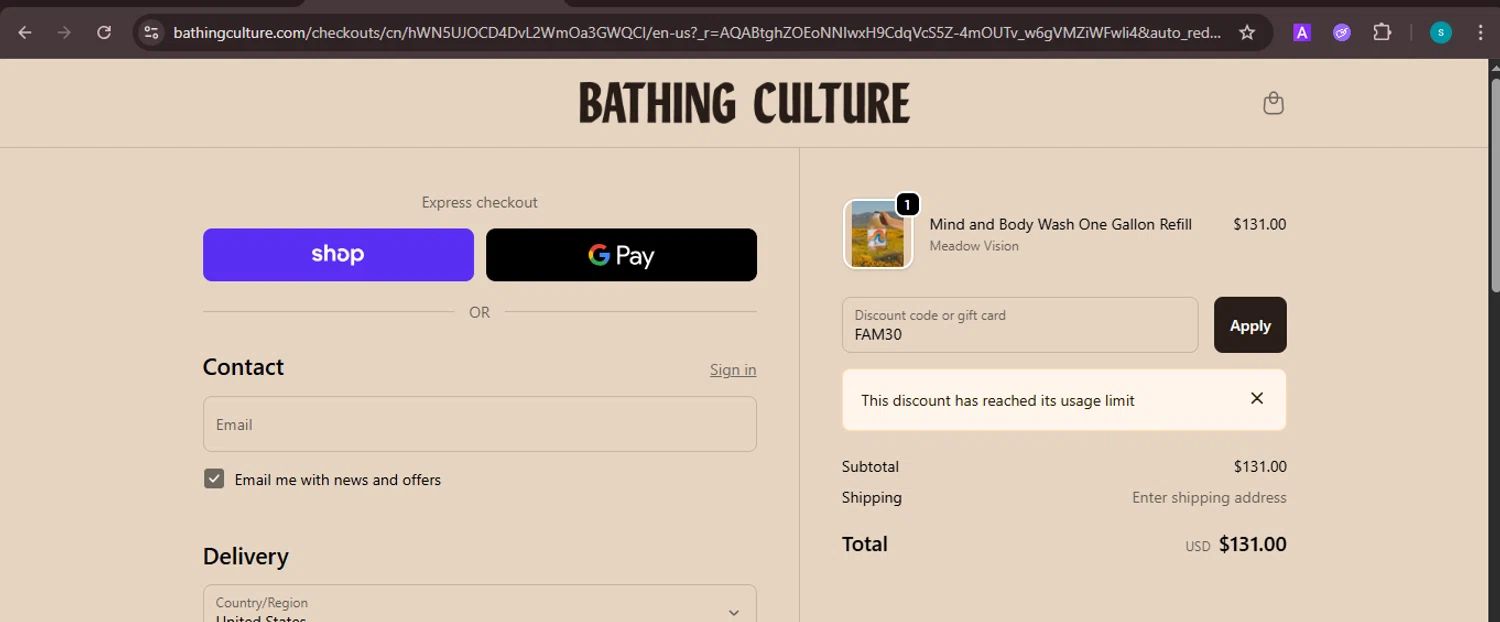 Bathing Culture discount code screenshot showing code FAM30 applied at Bathing Culture checkout page. Uploaded by SimplyCodes community member ValiantChaser7723 on Nov 19, 2025