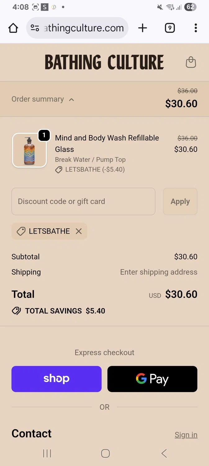 Bathing Culture discount code screenshot showing code Letsbathe applied at Bathing Culture checkout page. Uploaded by SimplyCodes community member KarinaHZ on Dec 28, 2025