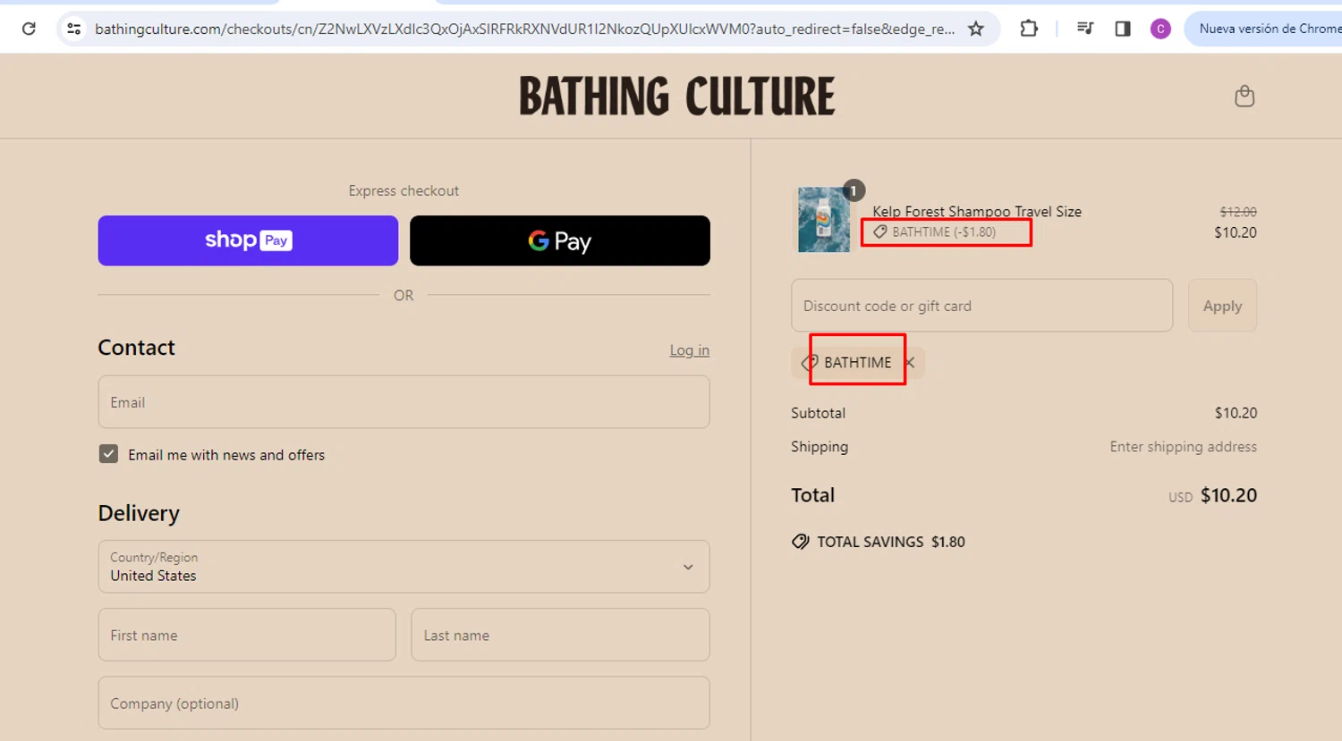 Bathing Culture discount code screenshot showing code BATHTIME applied at Bathing Culture checkout page. Uploaded by SimplyCodes community member nileskamarcano on May 4, 2025