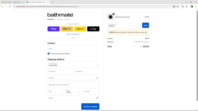 Bathmate Direct checkout page showing Bathmate Direct discount code box | Screenshot taken by SimplyCodes community member on Aug 31, 2025