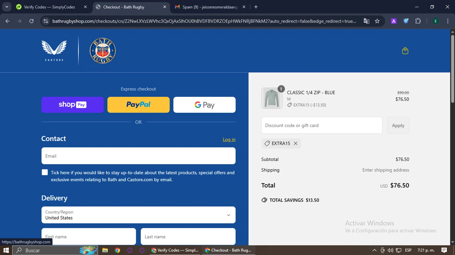 Bath Rugby discount code screenshot showing code EXTRA15 applied at Bath Rugby checkout page. Uploaded by SimplyCodes community member AshleyMay on Jun 13, 2025