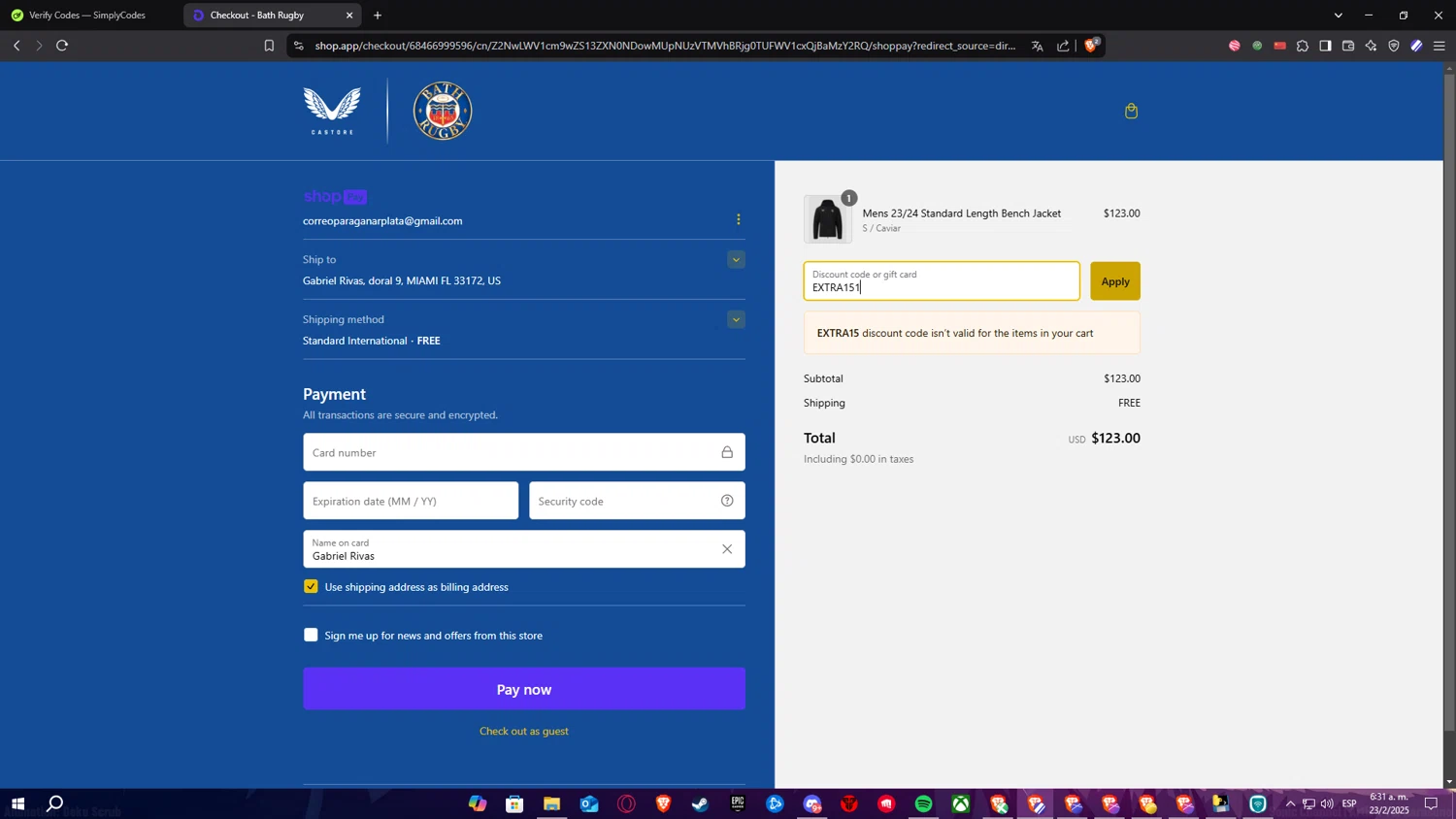 Bath Rugby discount code screenshot showing code EXTRA15 applied at Bath Rugby checkout page. Uploaded by SimplyCodes community member ElPelao on Feb 23, 2025