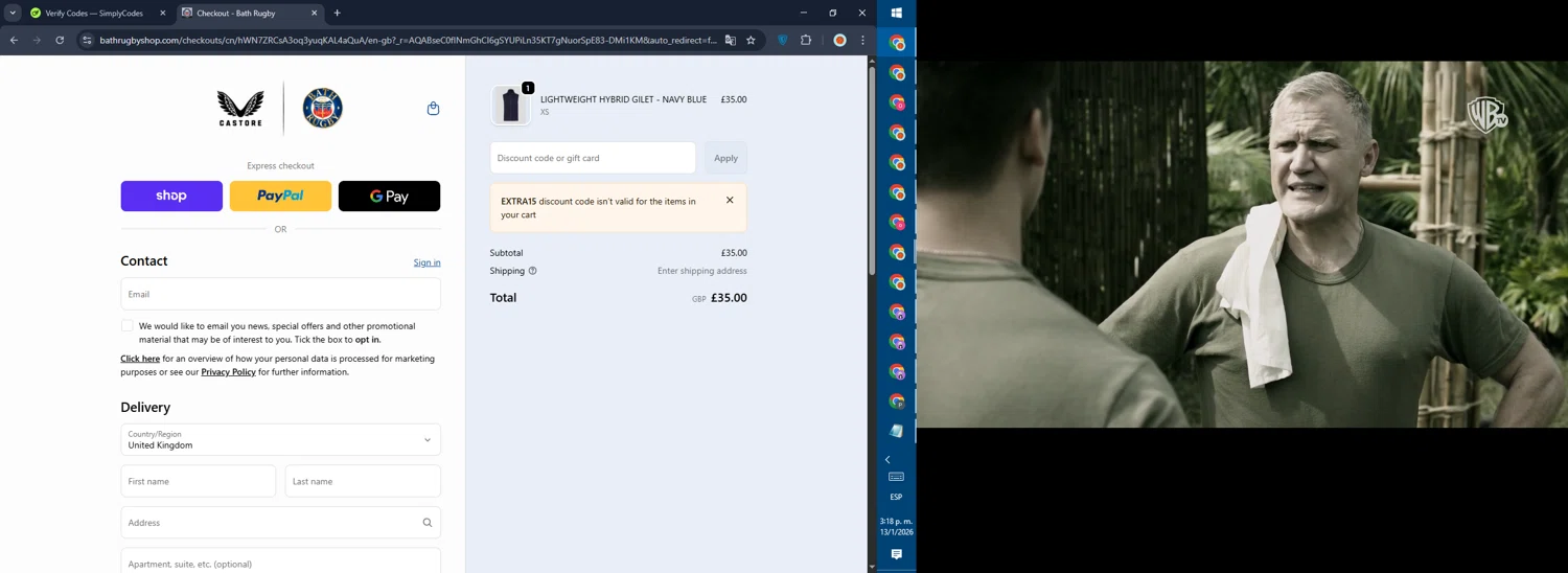Bath Rugby checkout page showing Bath Rugby discount code box | Screenshot taken by SimplyCodes community member on Jan 13, 2026