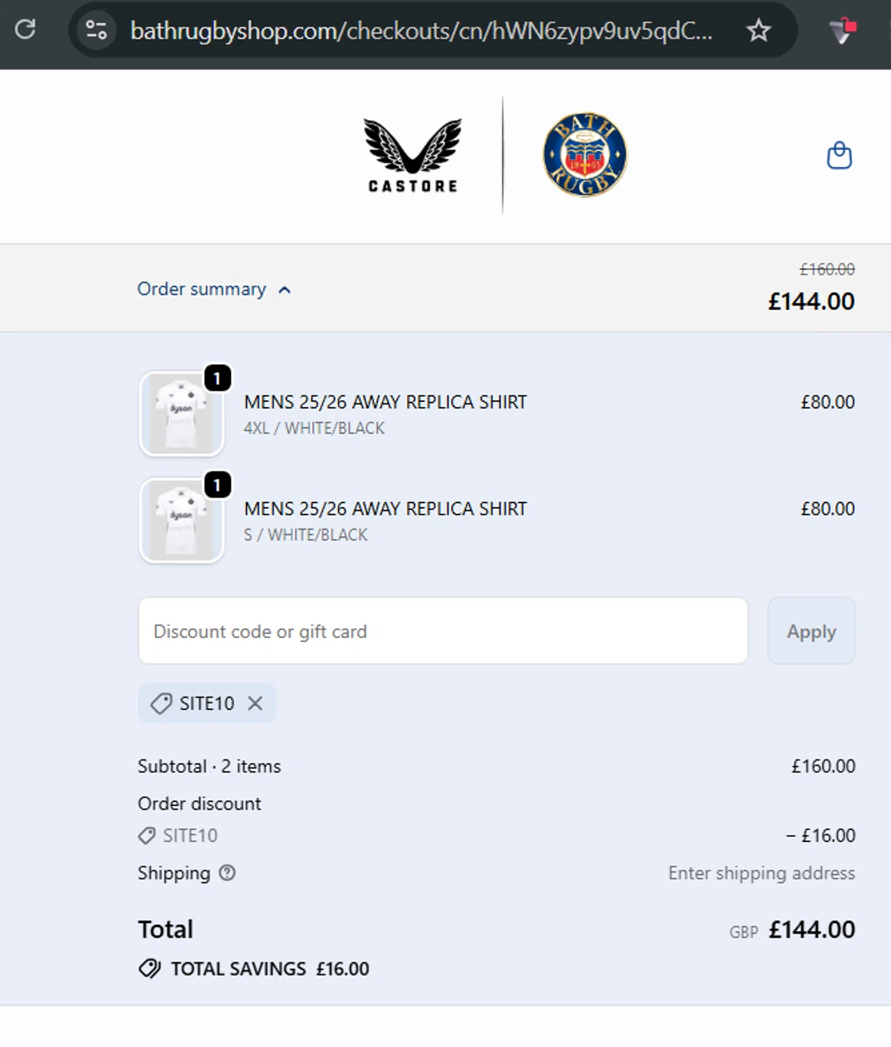 Bath Rugby discount code screenshot showing code SITE10 applied at Bath Rugby checkout page. Uploaded by SimplyCodes community member LuisGaBa on Dec 29, 2025