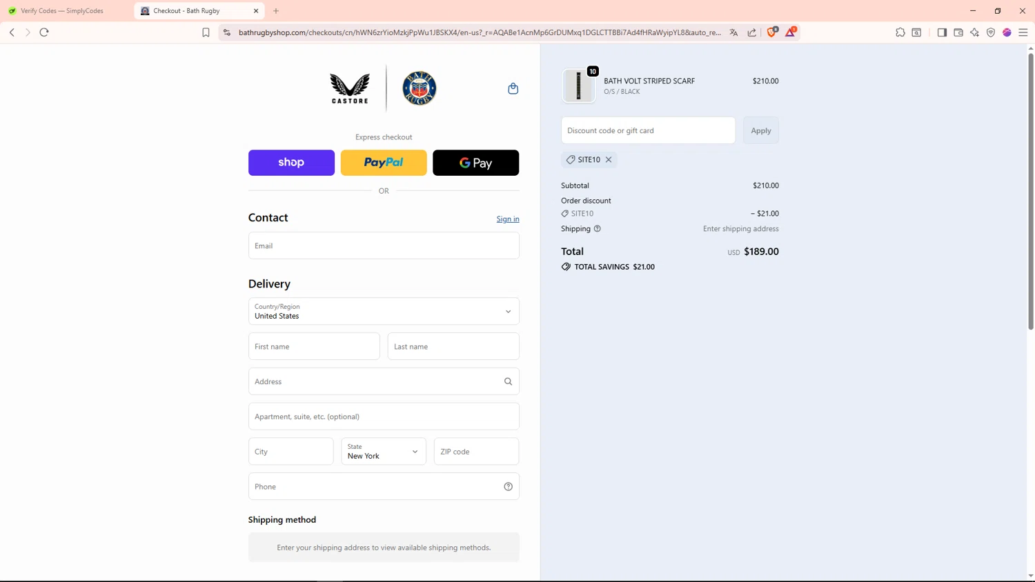 Bath Rugby discount code screenshot showing code SITE10 applied at Bath Rugby checkout page. Uploaded by SimplyCodes community member MoneyMaverick9441 on Dec 29, 2025