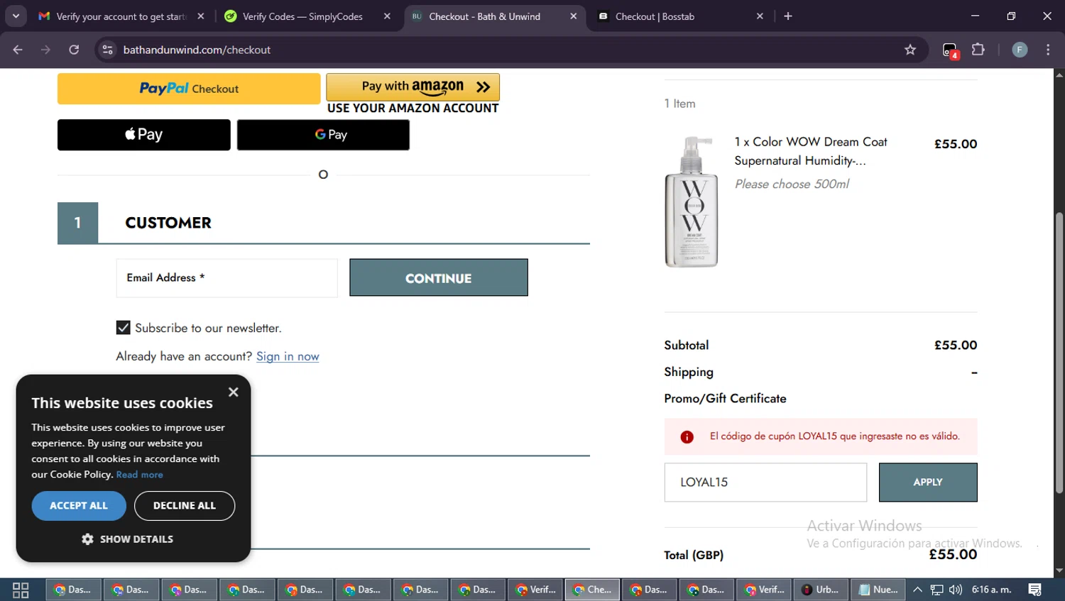 Bath & Unwind promo code screenshot showing code LOYAL15 applied at Bath & Unwind checkout page. Uploaded by SimplyCodes community member DiscountRanger4509 on Nov 27, 2025