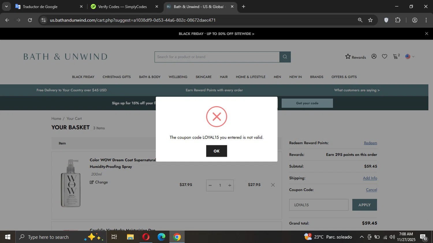 Bath & Unwind promo code screenshot showing code LOYAL15 applied at Bath & Unwind checkout page. Uploaded by SimplyCodes community member Sargentofrost on Nov 27, 2025