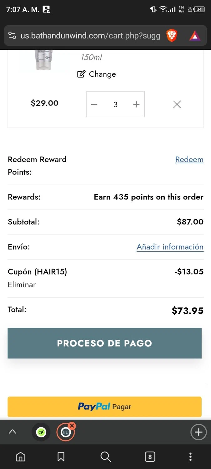 Bath & Unwind promo code screenshot showing code HAIR15 applied at Bath & Unwind checkout page. Uploaded by SimplyCodes community member BonusShopper4099 on Feb 20, 2025