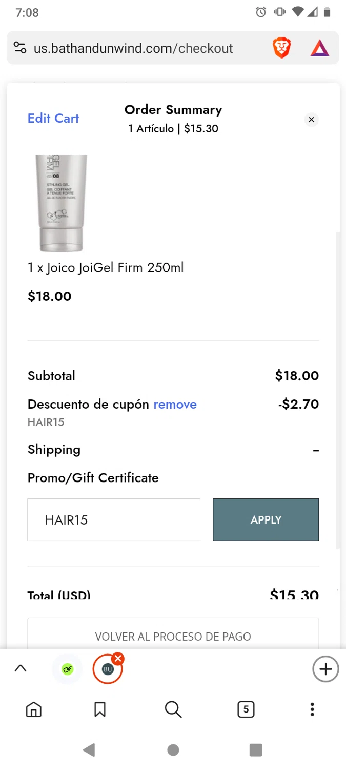 Bath & Unwind promo code screenshot showing code HAIR15 applied at Bath & Unwind checkout page. Uploaded by SimplyCodes community member victor on Feb 20, 2025
