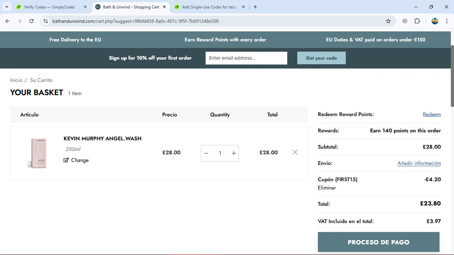 Bath & Unwind promo code screenshot showing code FIRST15 applied at Bath & Unwind checkout page. Uploaded by SimplyCodes community member gleykerjose on Apr 12, 2025