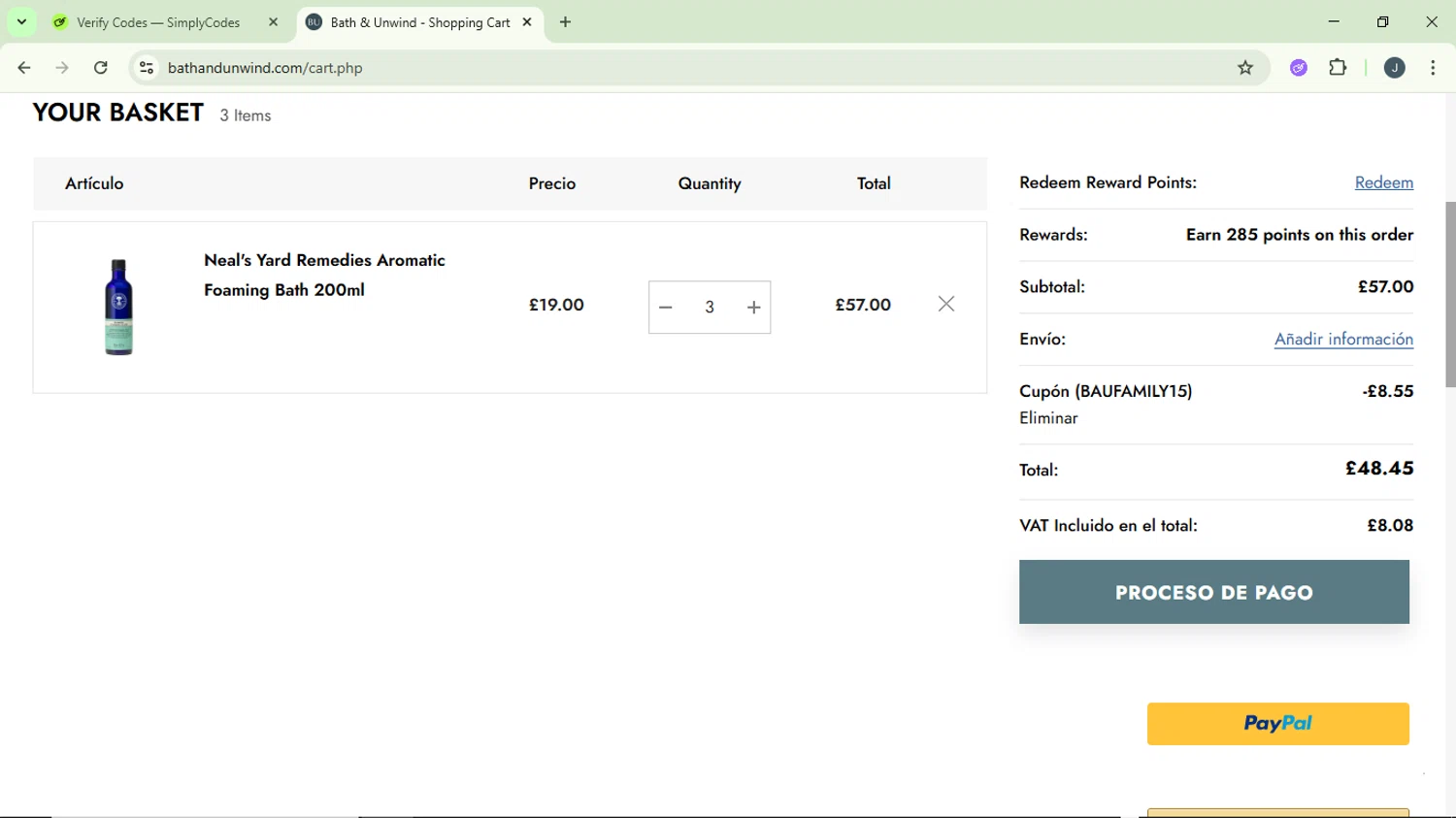 Bath & Unwind promo code screenshot showing code BAUFAMILY15 applied at Bath & Unwind checkout page. Uploaded by SimplyCodes community member GloriousCollector9930 on Jul 7, 2025