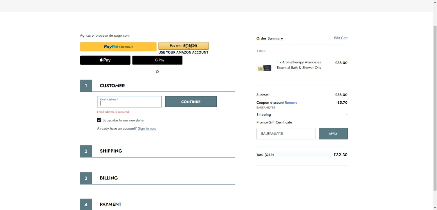 Bath & Unwind promo code screenshot showing code BAUFAMILY15 applied at Bath & Unwind checkout page. Uploaded by SimplyCodes community member NobleMaestro6498 on Dec 26, 2025