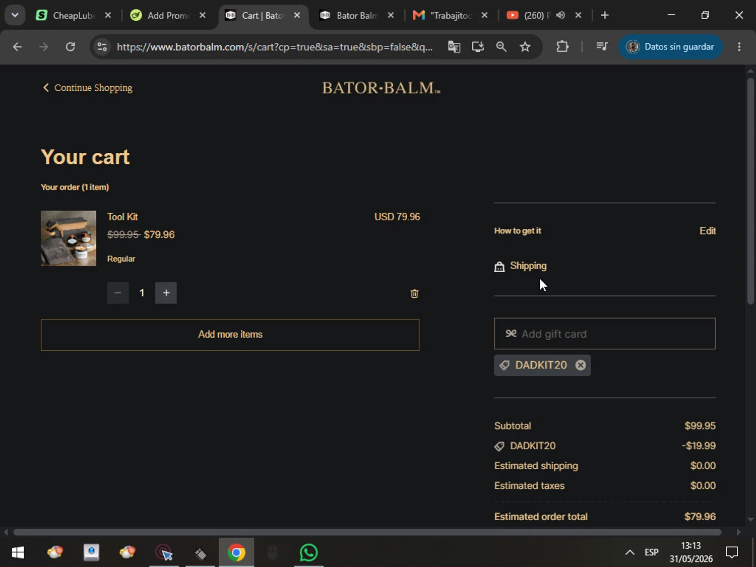Bator Balm promo code screenshot showing code dadkit20 applied at Bator Balm checkout page. Uploaded by SimplyCodes community member MarcosAranguren on May 31, 2026