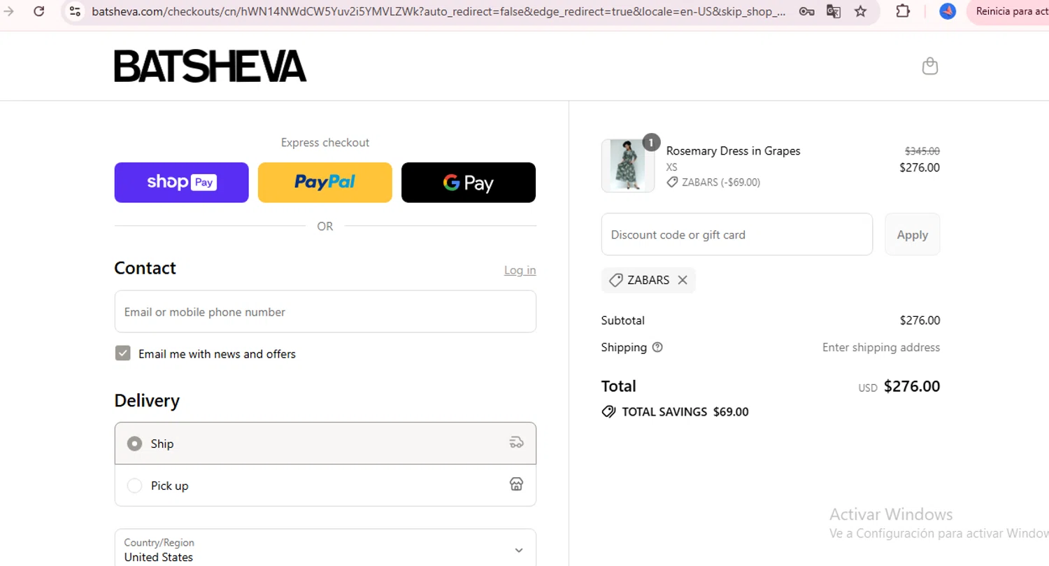 Batsheva promo code screenshot showing code ZABARS applied at Batsheva checkout page. Uploaded by SimplyCodes community member RebateScholar8907 on Jul 26, 2025