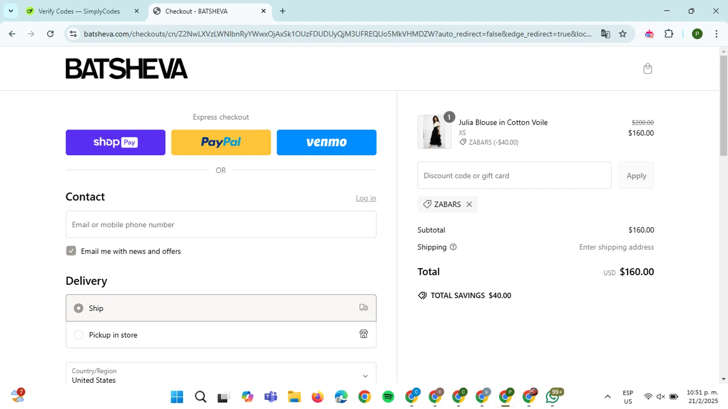 Batsheva promo code screenshot showing code ZABARS applied at Batsheva checkout page. Uploaded by SimplyCodes community member ThriftySpotter5396 on Feb 22, 2025