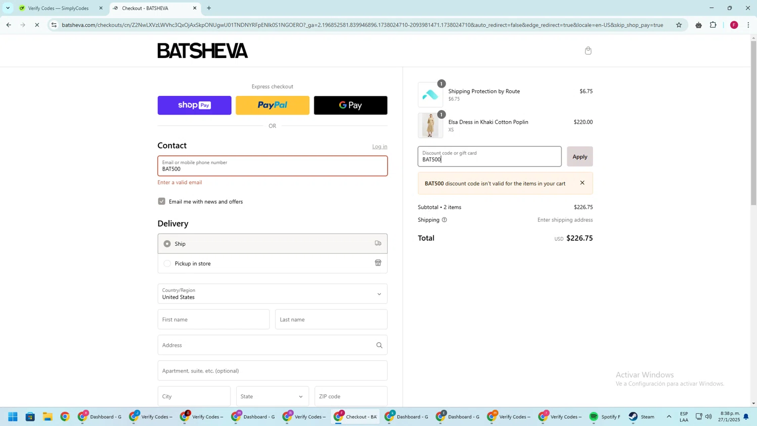 Batsheva promo code screenshot showing code BAT500 applied at Batsheva checkout page. Uploaded by SimplyCodes community member ExtraordinaryVirtuoso281 on Jan 28, 2025