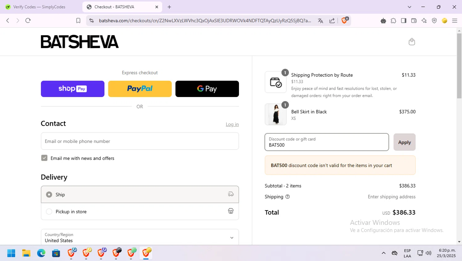 Batsheva promo code screenshot showing code BAT500 applied at Batsheva checkout page. Uploaded by SimplyCodes community member monito on Mar 25, 2025