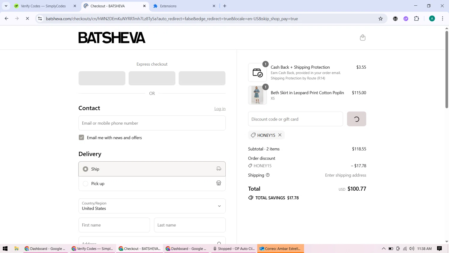 Batsheva promo code screenshot showing code HONEY15 applied at Batsheva checkout page. Uploaded by SimplyCodes community member ShieldHunter3846 on Aug 25, 2025