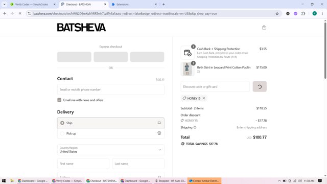 Batsheva checkout page showing Batsheva promo code box | Screenshot taken by SimplyCodes community member on Aug 25, 2025