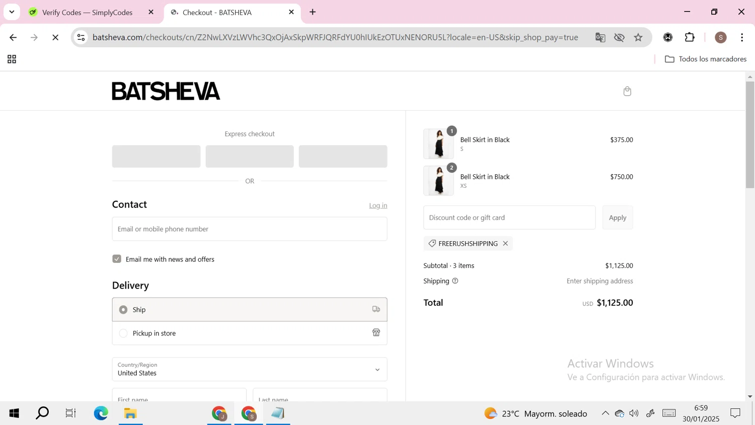 Batsheva promo code screenshot showing code FREERUSHSHIPPING applied at Batsheva checkout page. Uploaded by SimplyCodes community member RoyalHero6815 on Jan 30, 2025