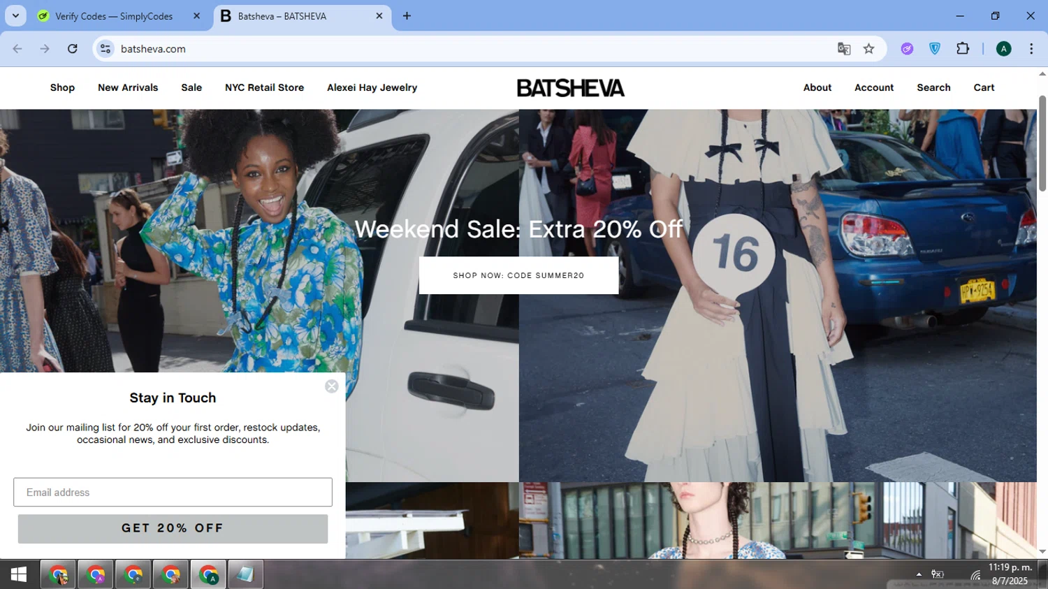 Batsheva promo code screenshot showing code Summer20 applied at Batsheva checkout page. Uploaded by SimplyCodes community member FrugalMaverick6013 on Jul 9, 2025