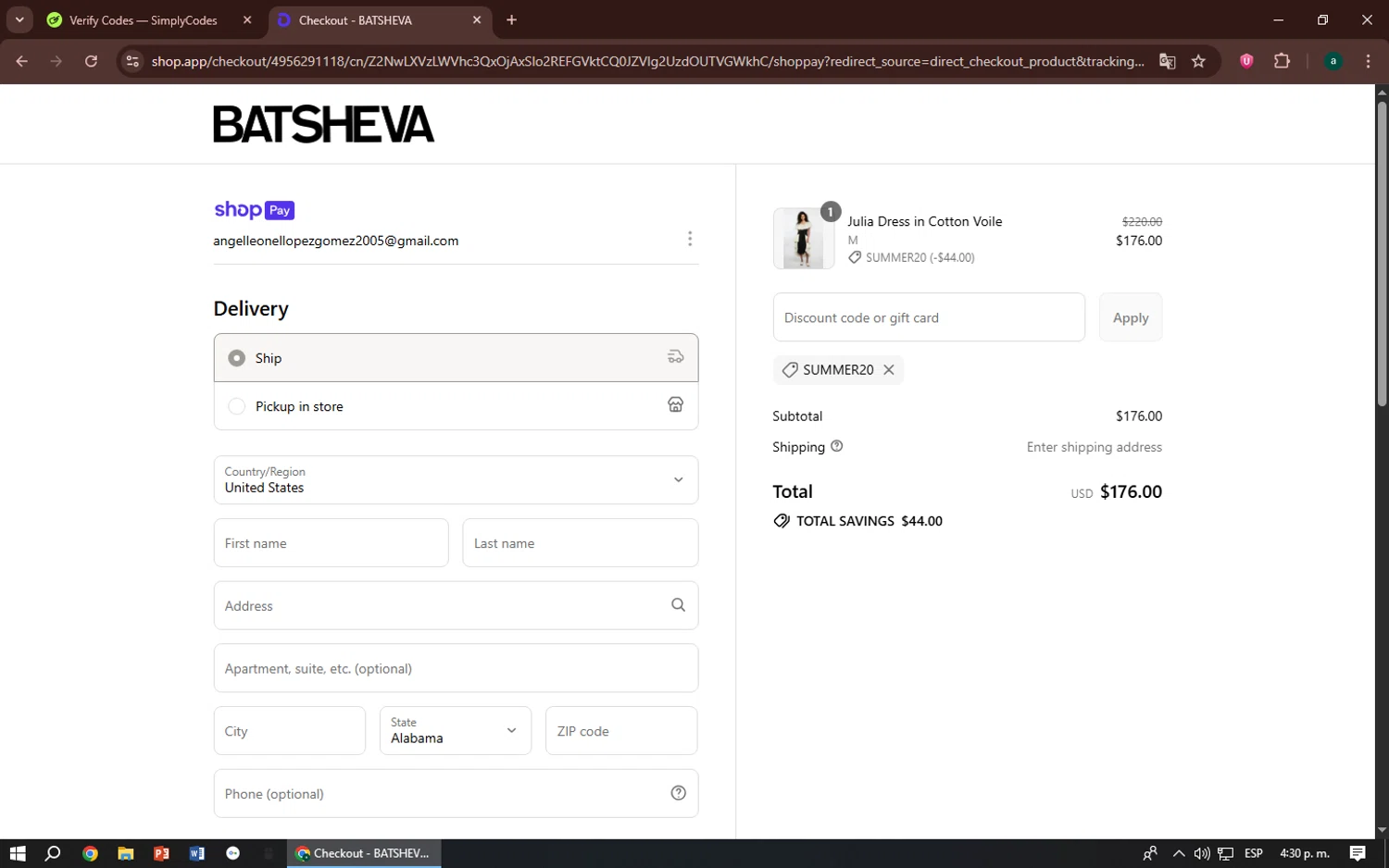Batsheva promo code screenshot showing code Summer20 applied at Batsheva checkout page. Uploaded by SimplyCodes community member zizu55 on Jul 2, 2025