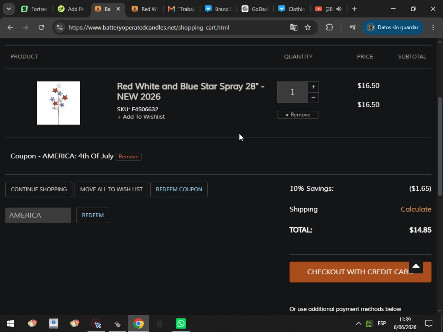 Battery Operated Candles promo code screenshot showing code AMERICA applied at Battery Operated Candles checkout page. Uploaded by SimplyCodes community member MarcosAranguren on Jun 6, 2026