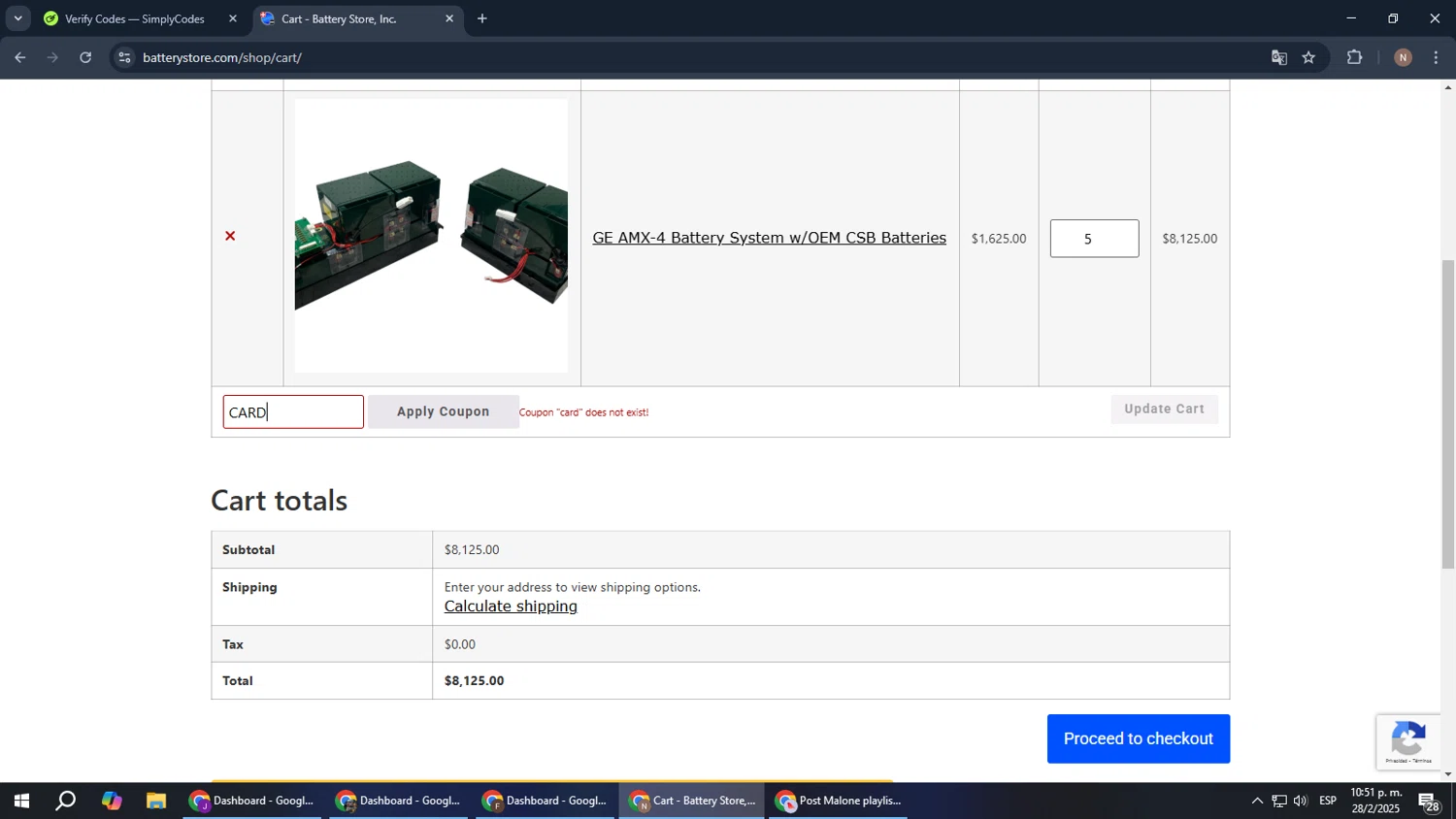 Battery Store discount code screenshot showing code CARD applied at Battery Store checkout page. Uploaded by SimplyCodes community member DiscountPioneer2554 on Mar 1, 2025