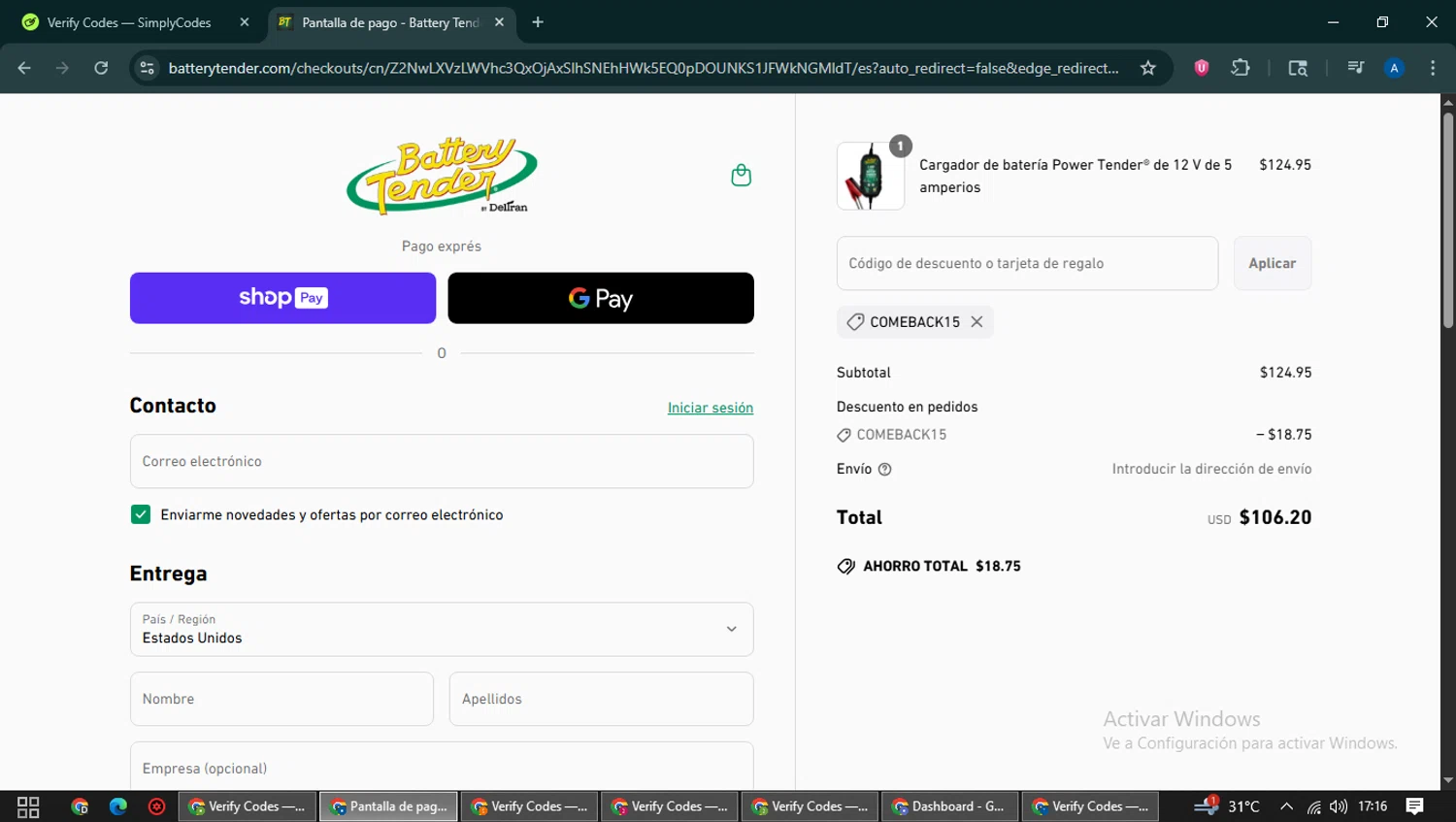 Battery Tender promo code screenshot showing code COMEBACK15 applied at Battery Tender checkout page. Uploaded by SimplyCodes community member NobleCaptain2872 on Jun 14, 2025
