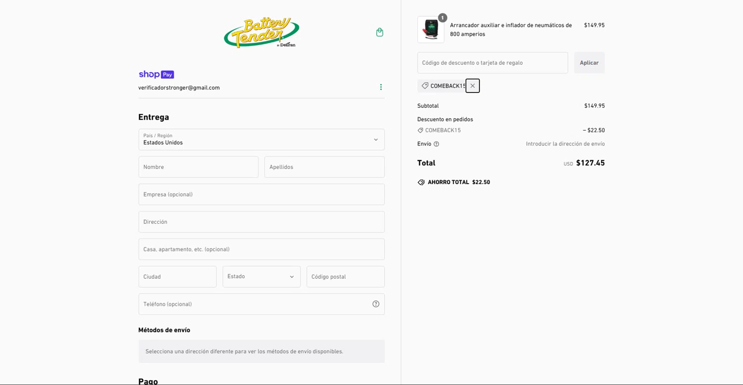 Battery Tender promo code screenshot showing code COMEBACK15 applied at Battery Tender checkout page. Uploaded by SimplyCodes community member SpecialForces on Dec 30, 2024