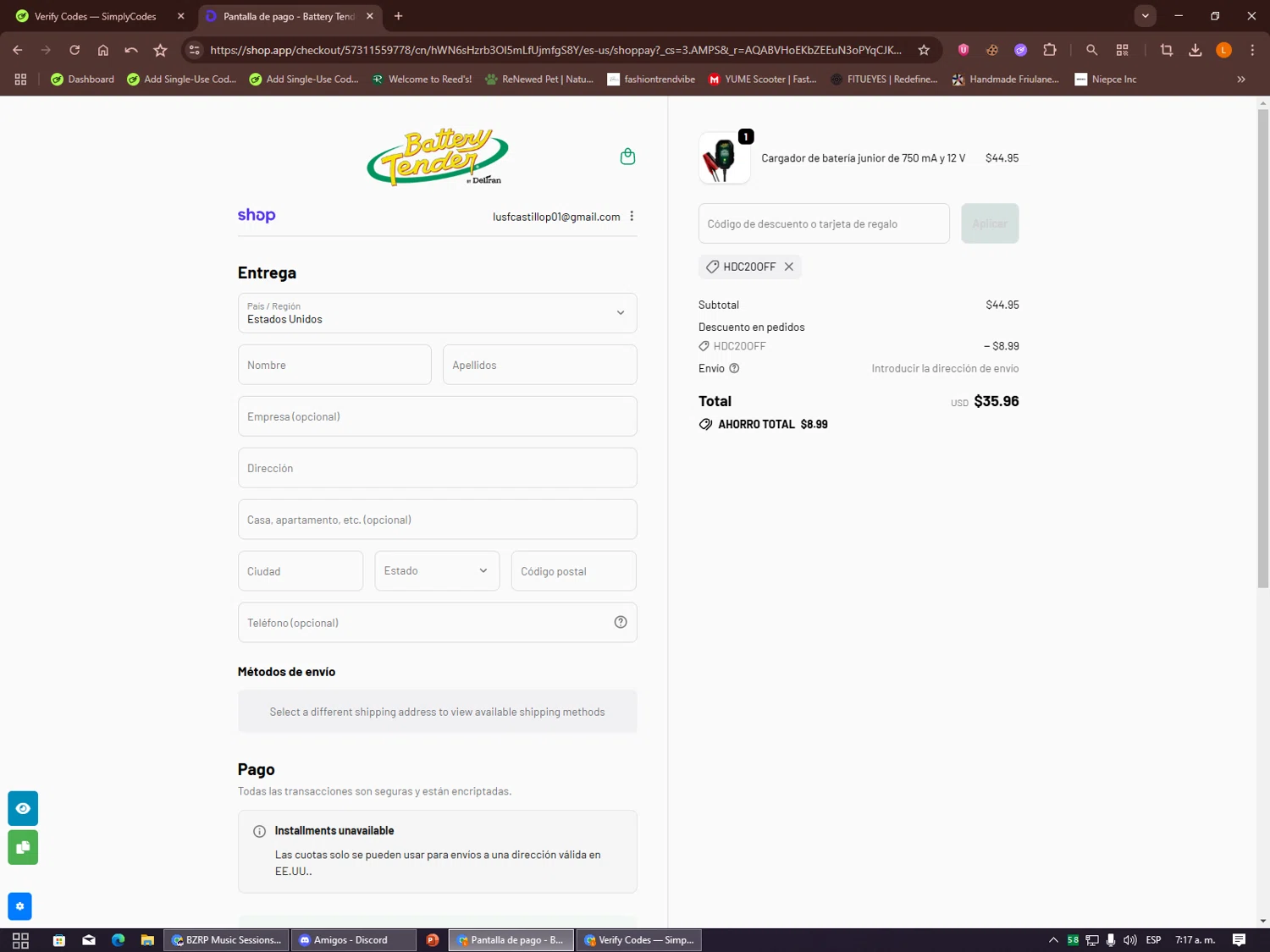 Battery Tender promo code screenshot showing code HDC20OFF applied at Battery Tender checkout page. Uploaded by SimplyCodes community member Alalee on Dec 26, 2025