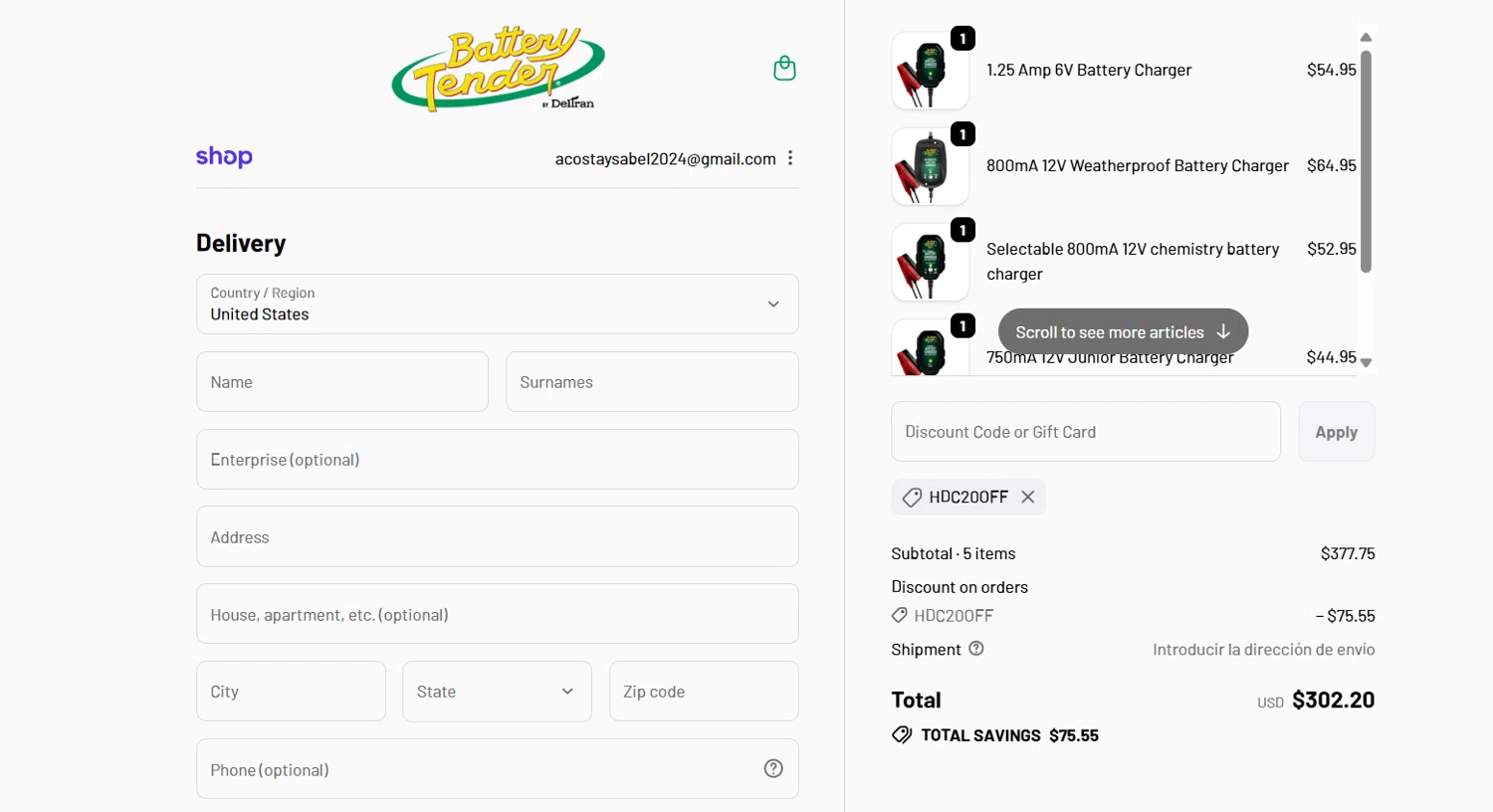 Battery Tender promo code screenshot showing code HDC20OFF applied at Battery Tender checkout page. Uploaded by SimplyCodes community member JasnibelEgu on Oct 1, 2025