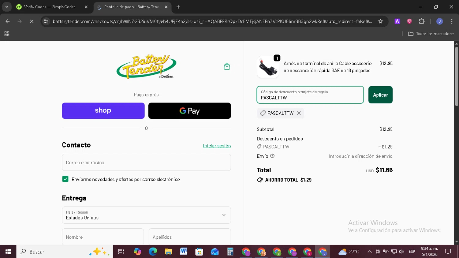 Battery Tender checkout page showing Battery Tender promo code box | Screenshot taken by SimplyCodes community member on Jan 5, 2026