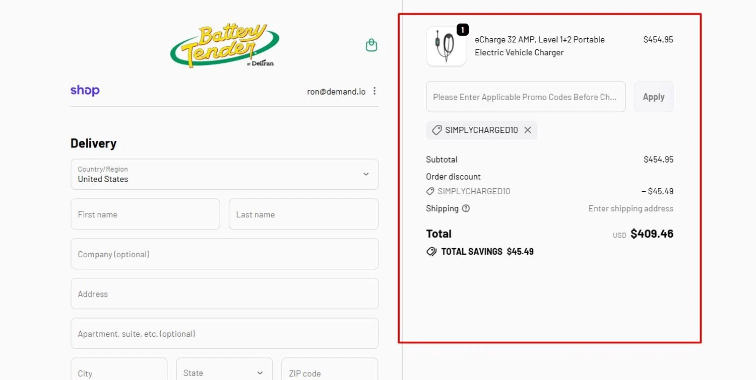 Battery Tender promo code screenshot showing code SIMPLYCHARGED10 applied at Battery Tender checkout page. Uploaded by SimplyCodes community member Swiftdealz on Dec 13, 2025