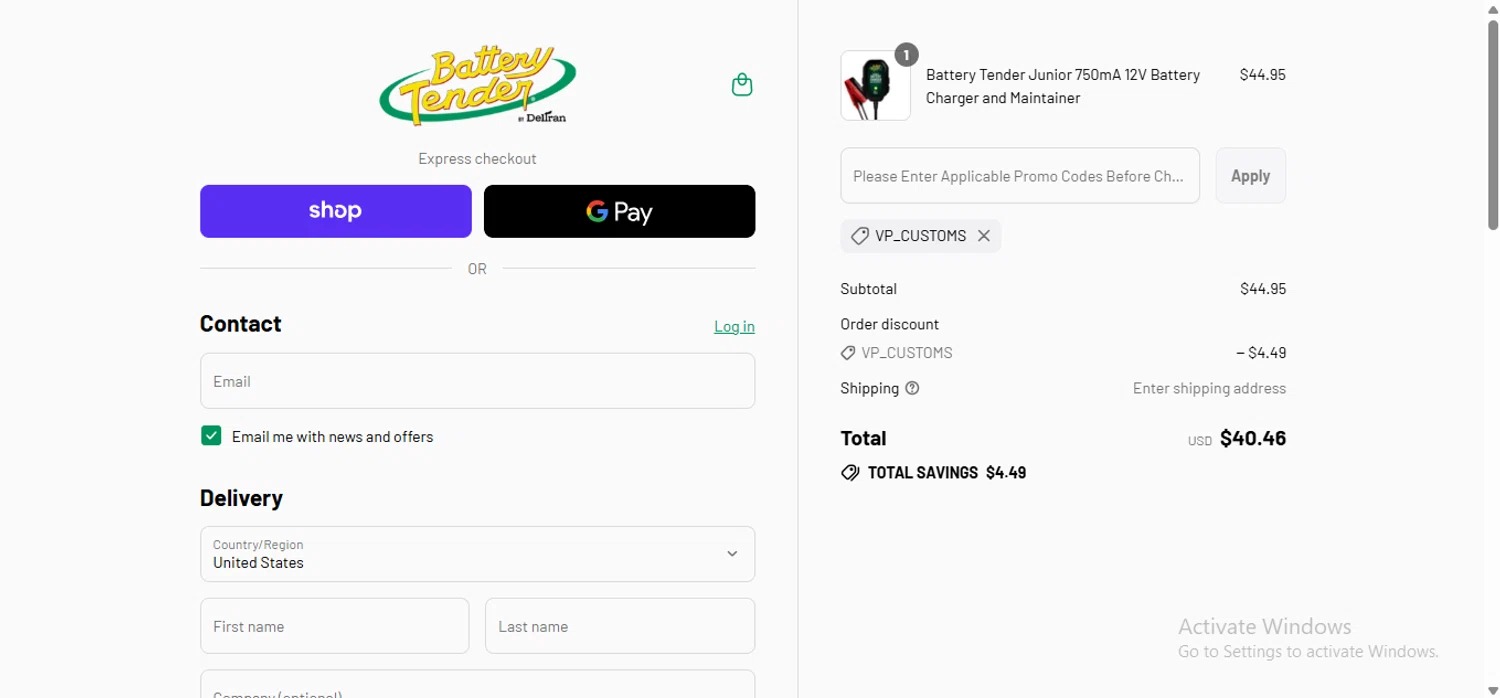 Battery Tender promo code screenshot showing code VP_CUSTOMS applied at Battery Tender checkout page. Uploaded by SimplyCodes community member anosesmith on Sep 5, 2025
