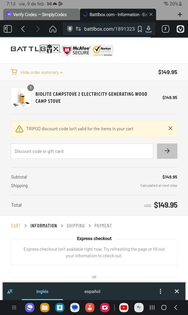 BattlBox checkout page showing BattlBox discount code box | Screenshot taken by SimplyCodes community member on Feb 10, 2024
