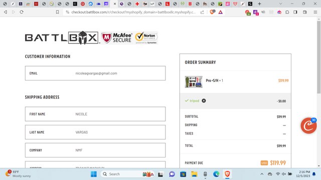 BattlBox checkout page showing BattlBox discount code box | Screenshot taken by SimplyCodes community member on Dec 5, 2023