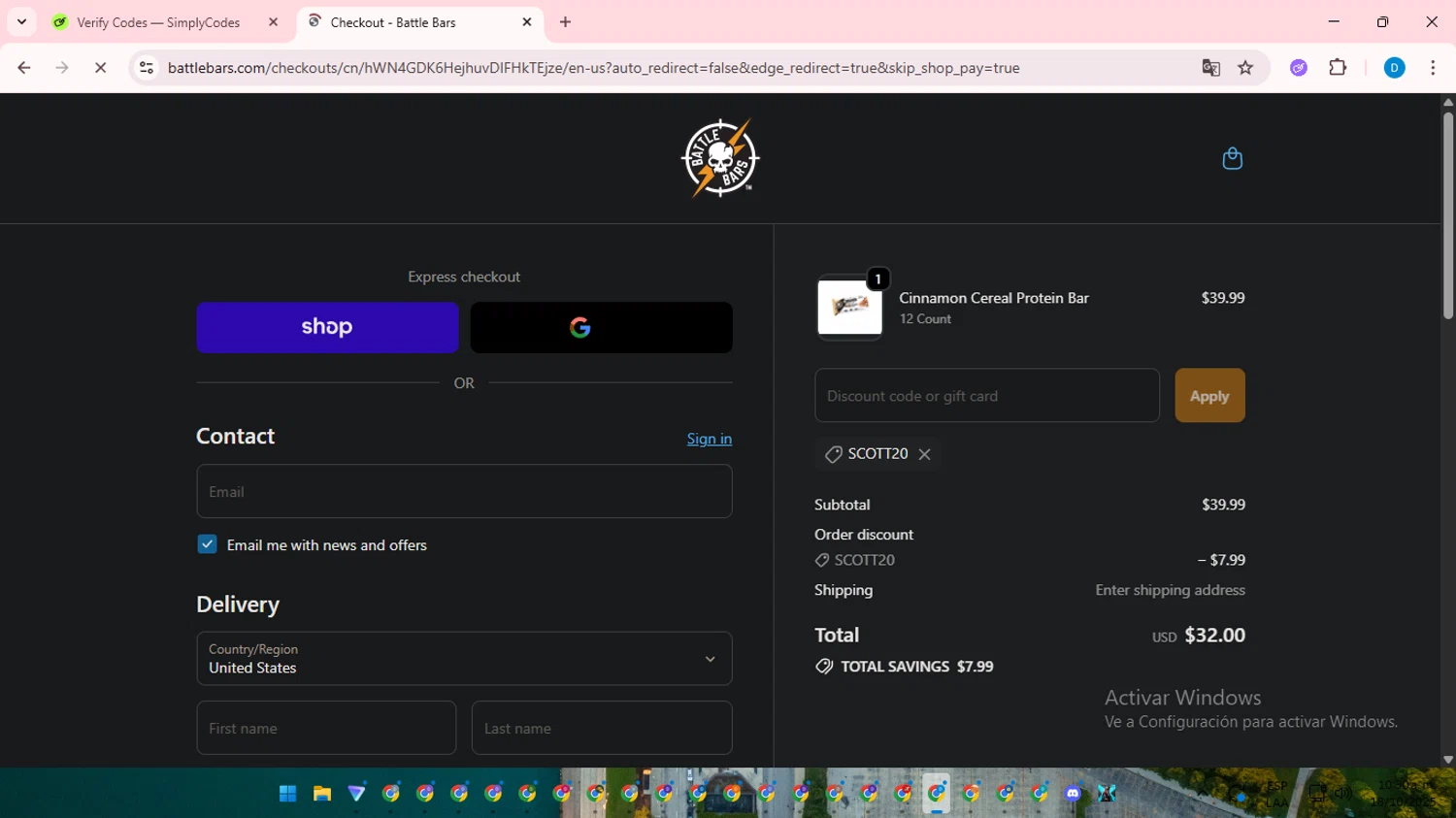 Battle Bars promo code screenshot showing code SCOTT20 applied at Battle Bars checkout page. Uploaded by SimplyCodes community member saltediosteve on Oct 18, 2025